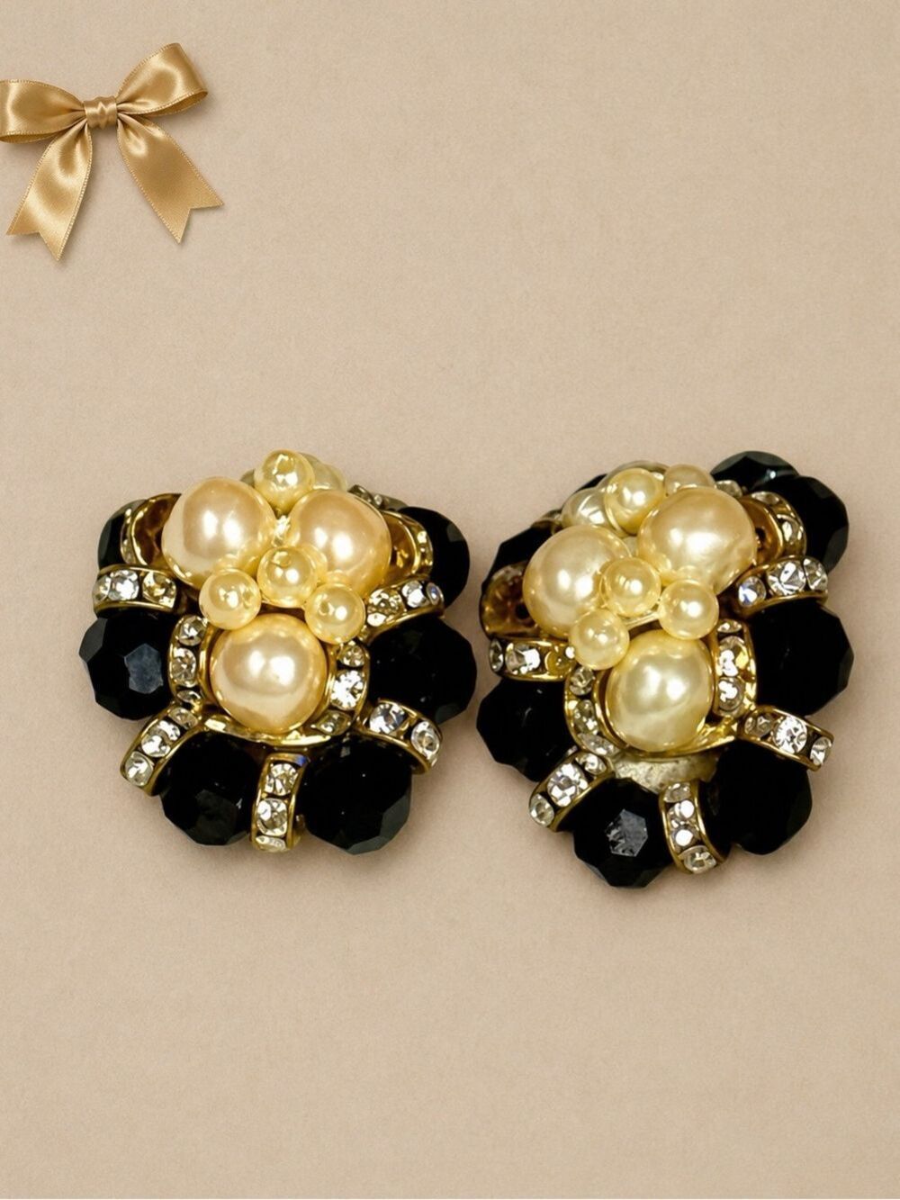 Clip-On Jumbo Earrings Black/Cream Pearl & Crystal Size 1 1/4 x 1 Inch